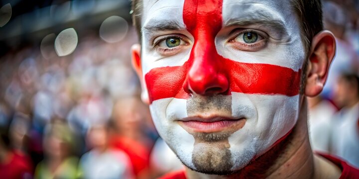 A Young Male England Football Fan With The Flag Painted On His Face
