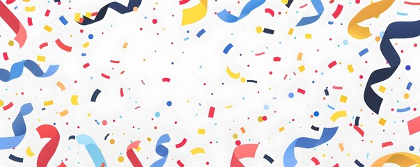 White background with colorful confetti and ribbons at the bottom, vector illustration, flat design, simple shapes, no shadows, colorful

