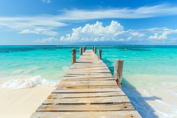 Fototapeta premium Wooden pier leading to the ocean with a white sand beach and turquoise water