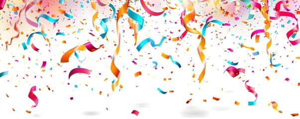 Fototapeta premium White background with colorful confetti and ribbons at the bottom, vector illustration, flat design, simple shapes, no shadows, colorful 