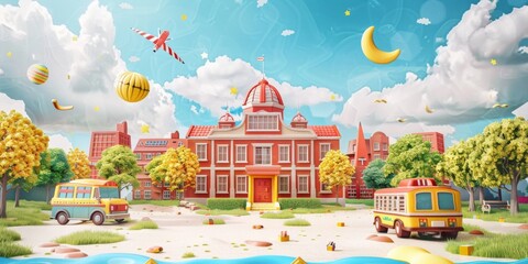 A cartoonish drawing of a school with a red building and a yellow school bus