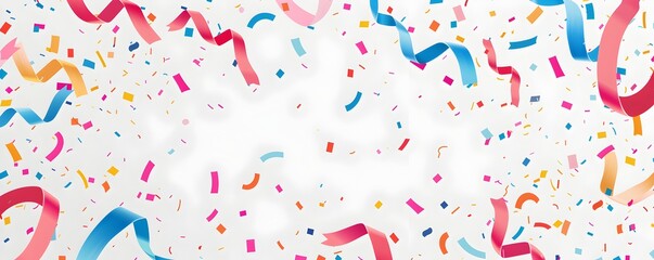 White background with colorful confetti and ribbons at the bottom, vector illustration, flat design, simple shapes, no shadows, colorful
