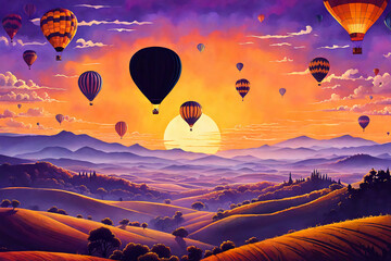 Naklejka premium Fantasy hot air balloons at sunset in the sky design. 