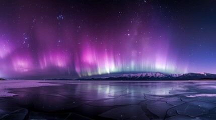 Aurora Borealis Over Frozen Lake.