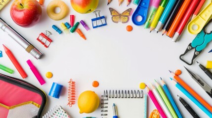 Assorted school supplies arranged neatly on white background: pens, pencils, ruler, erasers, scissors, and glue sticks