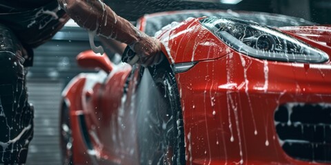 A man is washing a red car