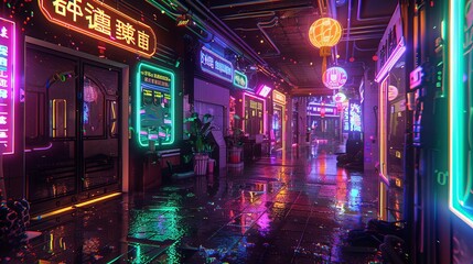 Cyberpunk school, neon lights, vibrant signs, glowing hallways, vivid colors, futuristic setting, detailed scene, lively ambiance, neon glow