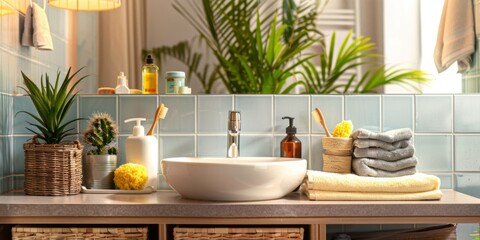 Fototapeta premium A bathroom with a sink, a mirror, and a potted plant