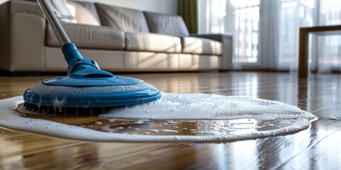 A blue mop is on a wet floor