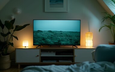 TV and lamps in a living room interior.