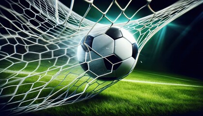 classic black and white soccer ball as it strikes the back of the net, capturing the decisive moment of a goal.
