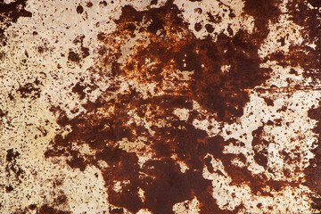Rusted white painted metal wall. Rusty metal background with streaks of rust. Rust stains. The metal surface rusted