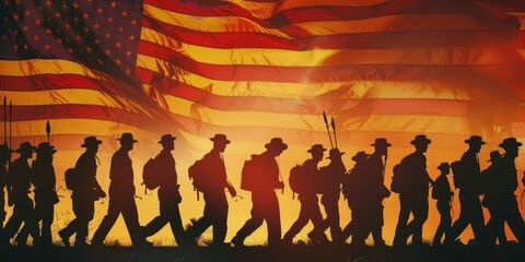 Fototapeta premium A group of soldiers are walking in front of the American flag