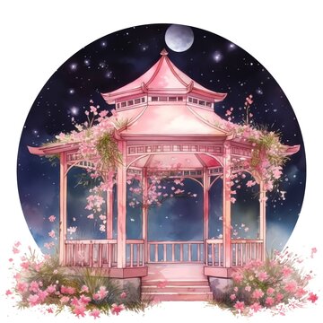 pink pagoda night sky watercolor clip art preview