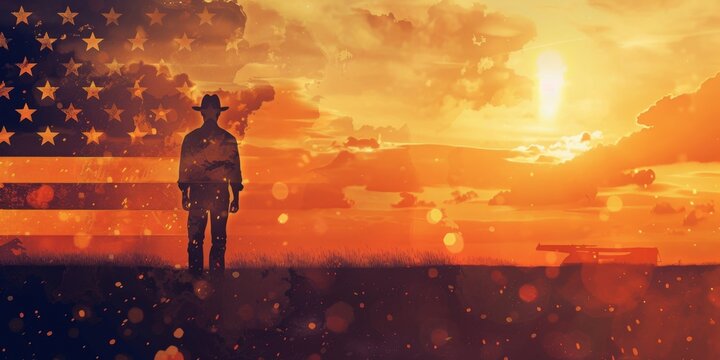 A man stands in front of the American flag, looking out over a field - Powered by Adobe