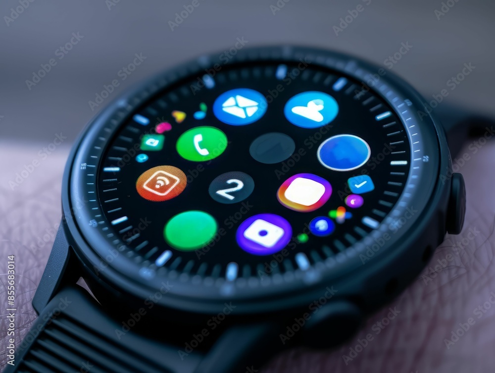 Aufkleber smartwatch with colorful app icons on display.