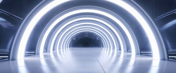 Obraz premium White background 3D room light abstract space technology tunnel stage floor. Empty white future 3D neon background studio futuristic corridor render modern interior silver road black wall design gray