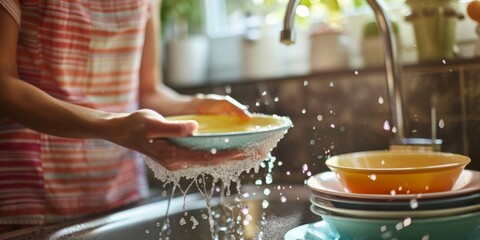 A person is washing dishes in a sink