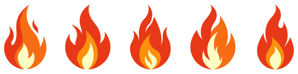 Fire icon. Set of five vibrant fire flame icons. Perfect for various design needs and conveying energy and warmth.
