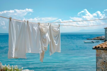 A line of white clothes is drying on a clothesline near the ocean