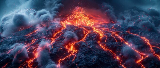 Fototapeta premium Erupting Volcano with Lava Flow and Smoke.