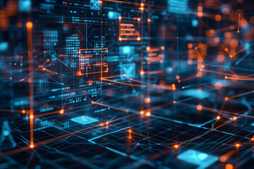 Naklejka premium Digital Data Matrix Orange and blue lights. Generative Ai