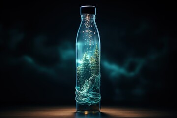 An intricately designed water bottle displays a stunning miniature waterfall and landscape, set against a nocturnal backdrop.