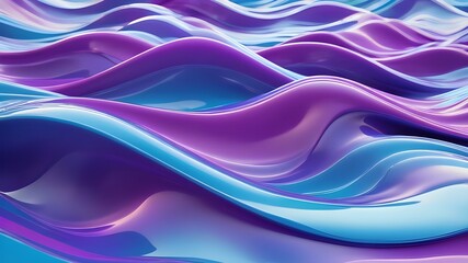 Fototapeta premium Abstract background 3D, shiny plastic waves with purple blue textures and lights interesting lustrous liquid wavy texture, 3D render illustration.