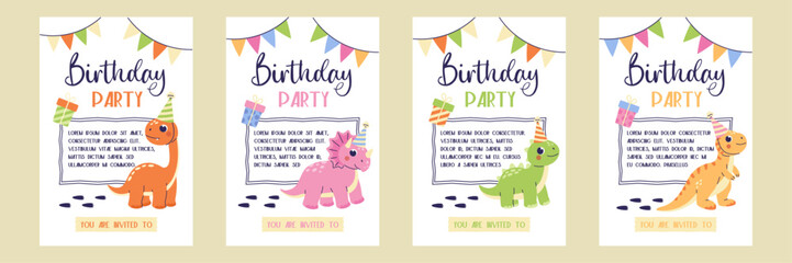 Childrens birthday invitation set. Kid party poster with dinosaurs. Cute animal character postcards