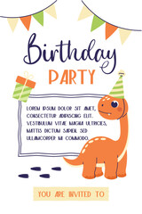 Childrens birthday invitation. Kid party poster with dinosaur. Cute animal character postcard