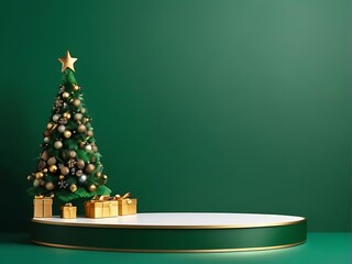 Luxury product podium display with Christmas decorations on dark green background.