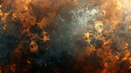 Abstract artwork featuring a rustic texture with metallic hues of bronze, gold, and dark blue, creating a weathered and dramatic effect.