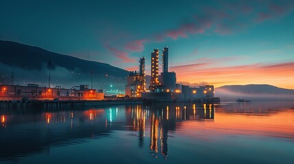 Naklejka premium Industrial factory with smokestacks illuminated at dusk, reflecting in a calm body of water with a mountain in the background.