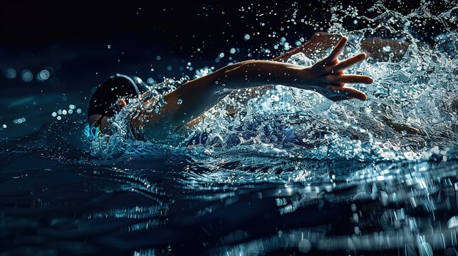 Professional female swimmer swimming freestyle in the pool, side view. Closeup of hands and arms with a black cap and blue suit, splashes around. High resolution image with professional color grading 