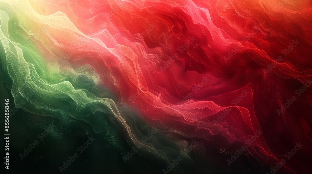 Poster dynamic abstract artwork featuring flowing waves in vibrant red and green hues, creating a lively an