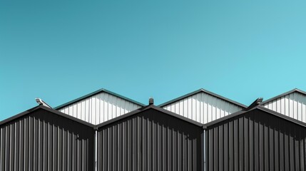 Black and white Factory Buildings with Corrugated metal roofs against blue sky