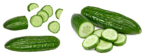 cucumber with slices isolated on white background. clipping path