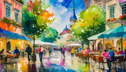 Naklejka premium Abstract oil painting of a city