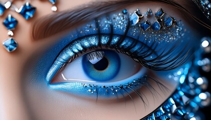Close-up of a woman's blue eyes with heavy blue glittery makeup 