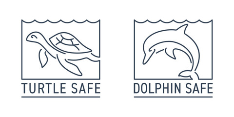 Labels for canned fish - Dolphin Safe, Turtle Safe, in thin line
