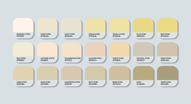 ECRU Color Palette, ECRU Color Guide Palette with Color Names. Catalog Samples of ECRU with RGB HEX codes and Names. Dark Cream Colors Palette Vector, Aluminum, Metal silver Color Palette Vector