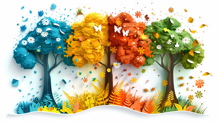 Four seasons tree isolated on white background, spring with flowers, green summer, yellow autumn, snow winter. Vector illustration. Paper cut cartoon style,