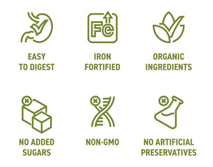 Baby food icons set with main features, in bold line