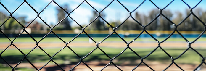 Wire metallic mesh fence around a football field. Blurred green grass, blue sky and trees background, close up view with details. Sports design