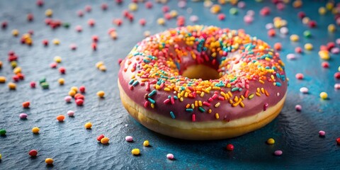 A Delicious Donut With Pink Icing And Colorful Sprinkles On A Blue Background.