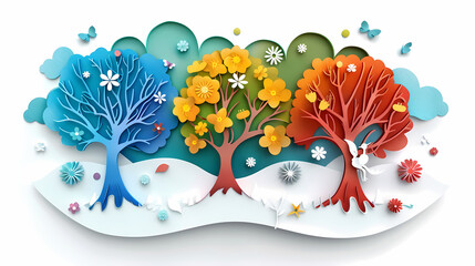 Fototapeta premium Four seasons tree isolated on white background, spring with flowers, green summer, yellow autumn, snow winter. Vector illustration. Paper cut cartoon style,