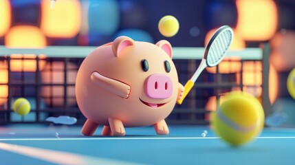 Obraz premium A cute design featuring a cartoon character resembling a piggy bank shaped like a cylinder playing tennis