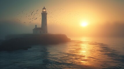 Beautiful lighthouse with birds flying in the sunlight Travel and art inspired by beauty.