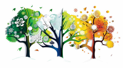 Four seasons tree isolated on white background, spring with flowers, green summer, yellow autumn, snow winter. Vector illustration. Paper cut cartoon style,