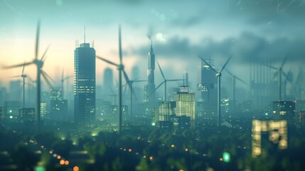 Fototapeta premium stunning futuristic city skyline featuring wind turbines and glowing skyscrapers, illustrating sustainable urban development at twilight.